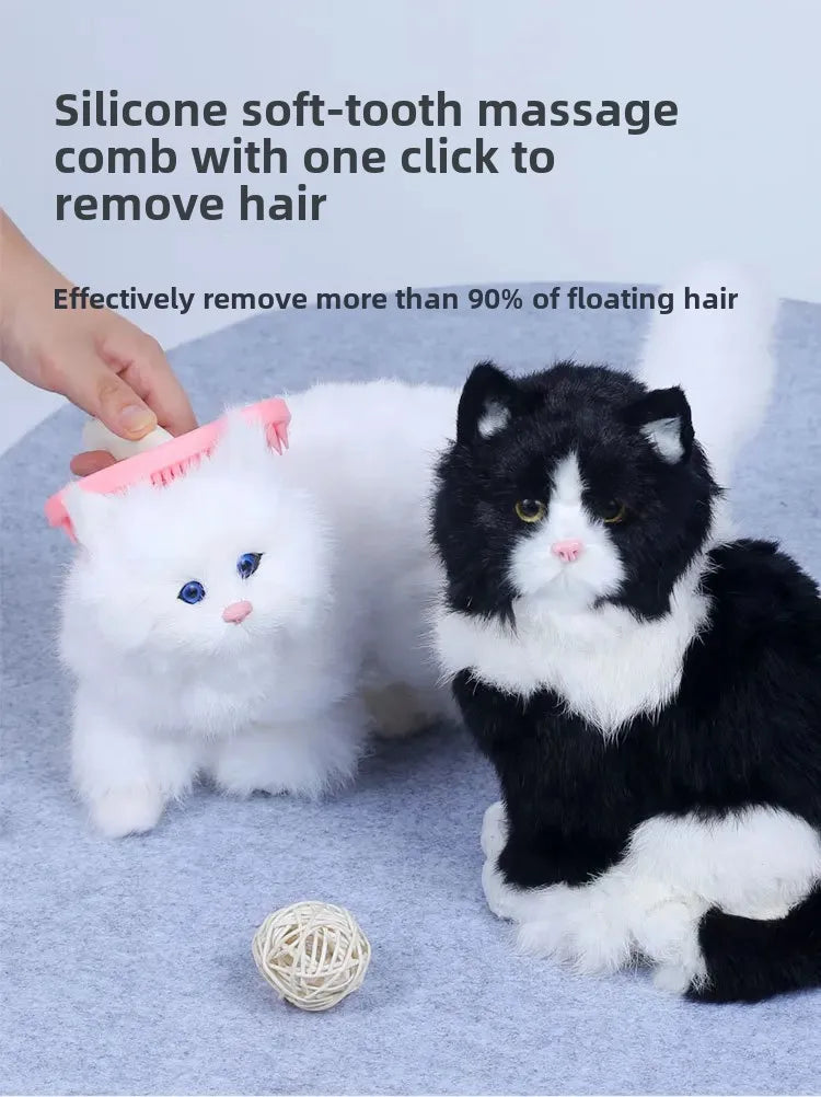 Soft pink silicone massage brush for small pets, effectively removing loose hair from cats and rabbits for easy grooming.