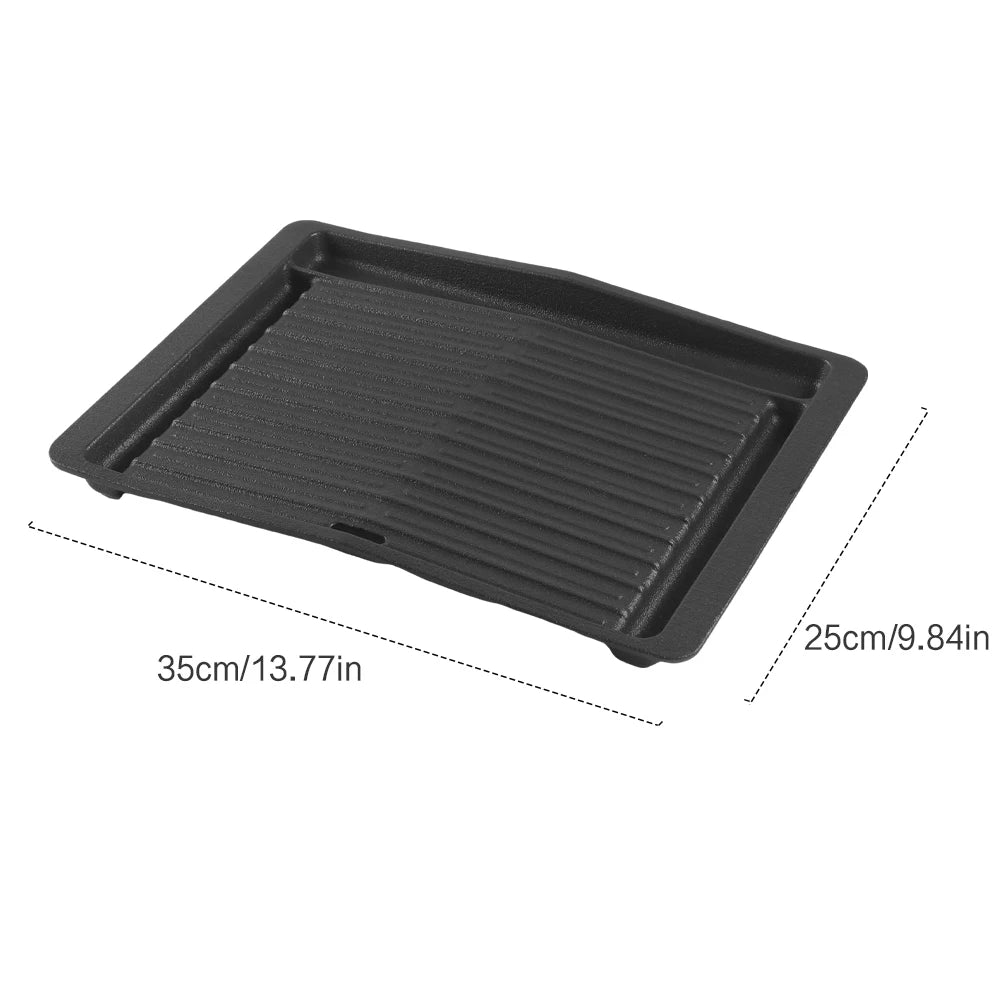 Black griddle plate with ridged surface for camping stove, rectangular tray