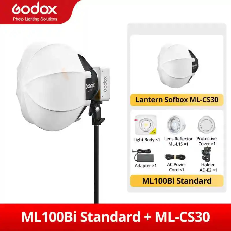 ML100Bi LED light with ML-CS30 white spherical lantern softbox, reflector, power adapter, and stand holder.