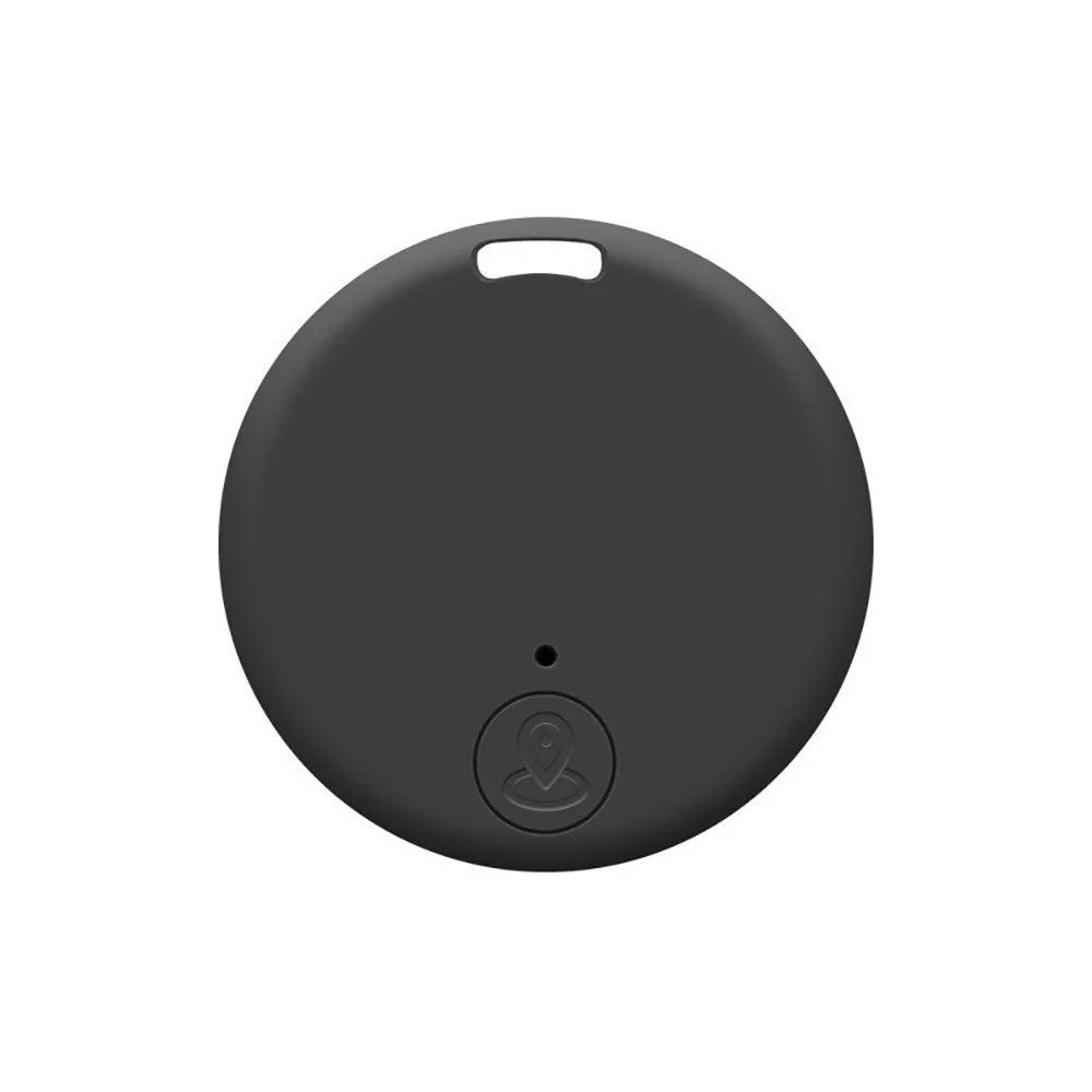 Black mini Bluetooth GPS tracker for pets and keys. Compact anti-lost smart locator device for secure pet tracking.