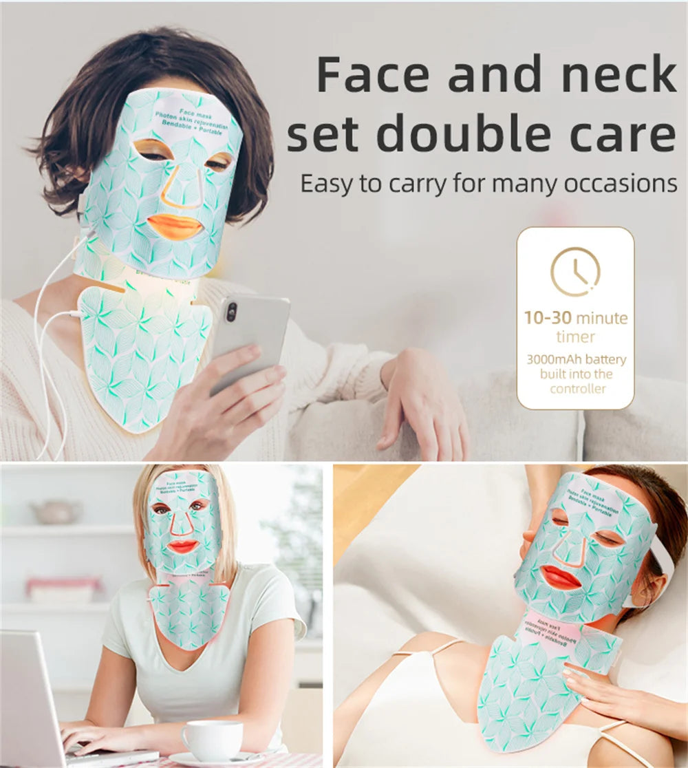 8-color LED face and neck mask set for light therapy, anti-aging, acne, and skin rejuvenation with rechargeable battery.