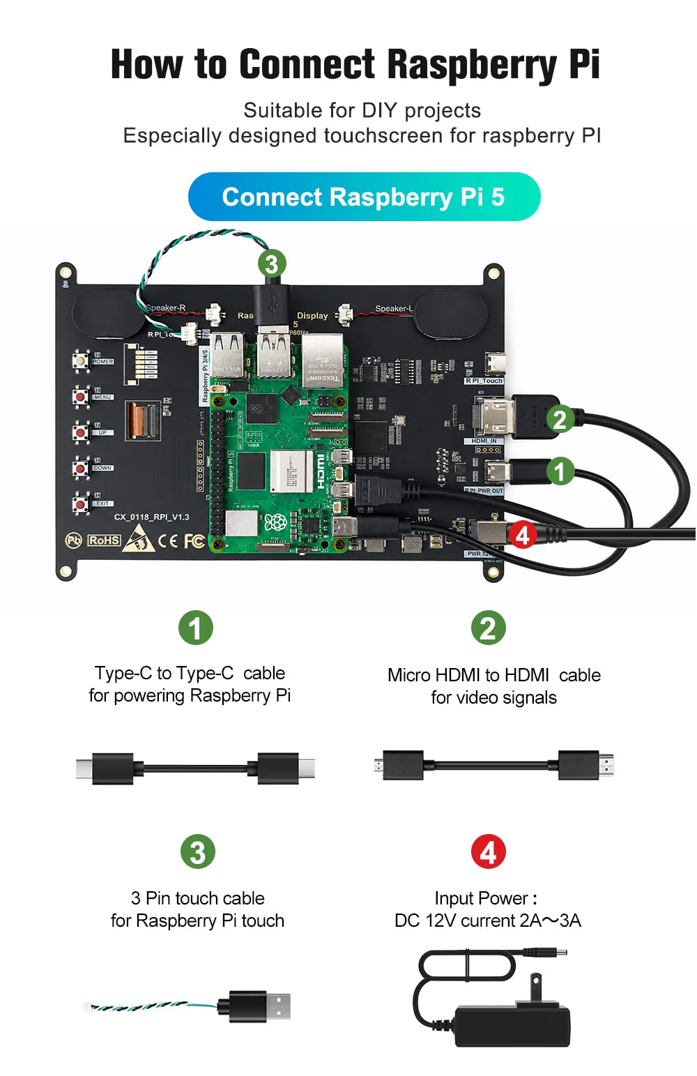 8 Inch Raspberry Pi Touch Monitor 1920×1200 IPS 10-Point Touch Screen Built-in Speaker HDMI Display for Pi 5 4B PC Case 3D Print