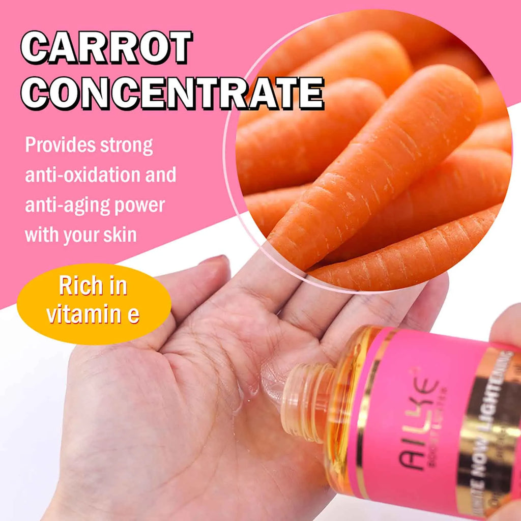 AILKE organic carrot skin brightening serum for dark spots, acne, and anti-aging in a pink bottle, rich in vitamin E.
