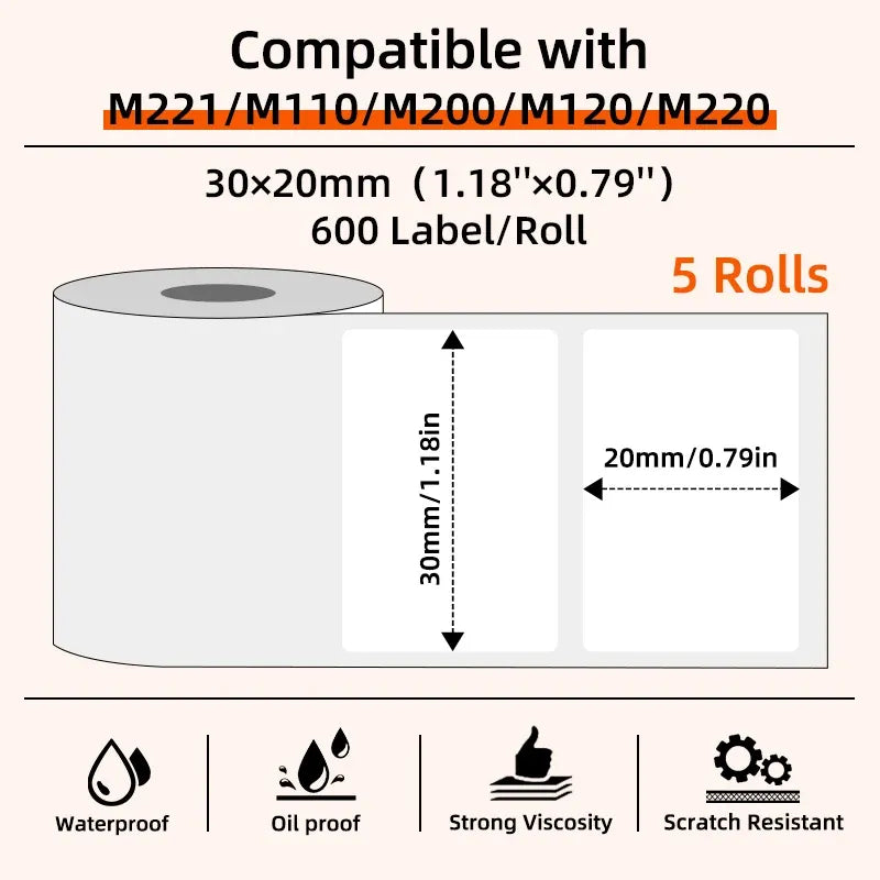 White coreless thermal label paper roll, 30x20mm size diagram for 5 rolls.