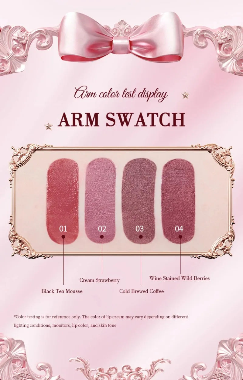 Four swatches of matte velvet mousse lip mud in vintage shades with a soft-focus finish on a decorative pink background.
