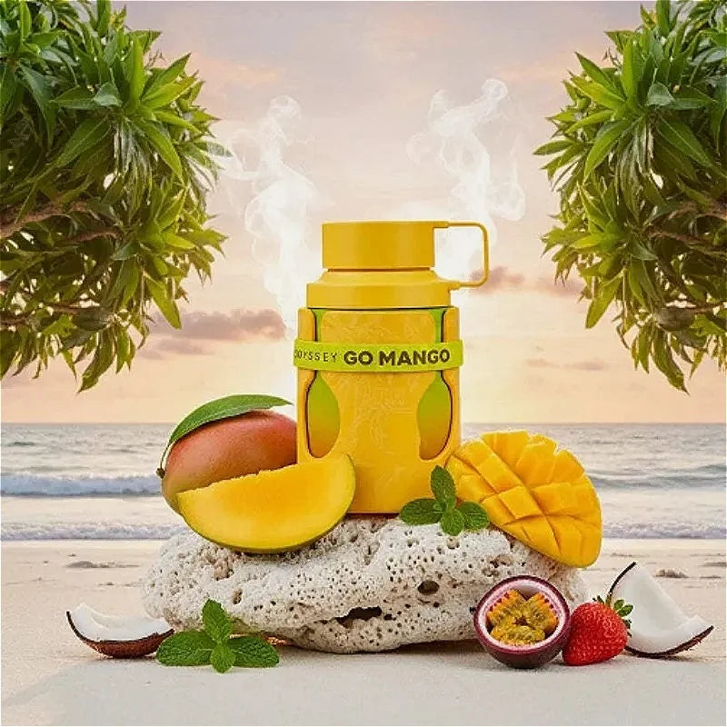 Armaf Odyssey Go Mango unisex EDP: Yellow bottle with mango, coconut, and fruit notes on a tropical beach background.