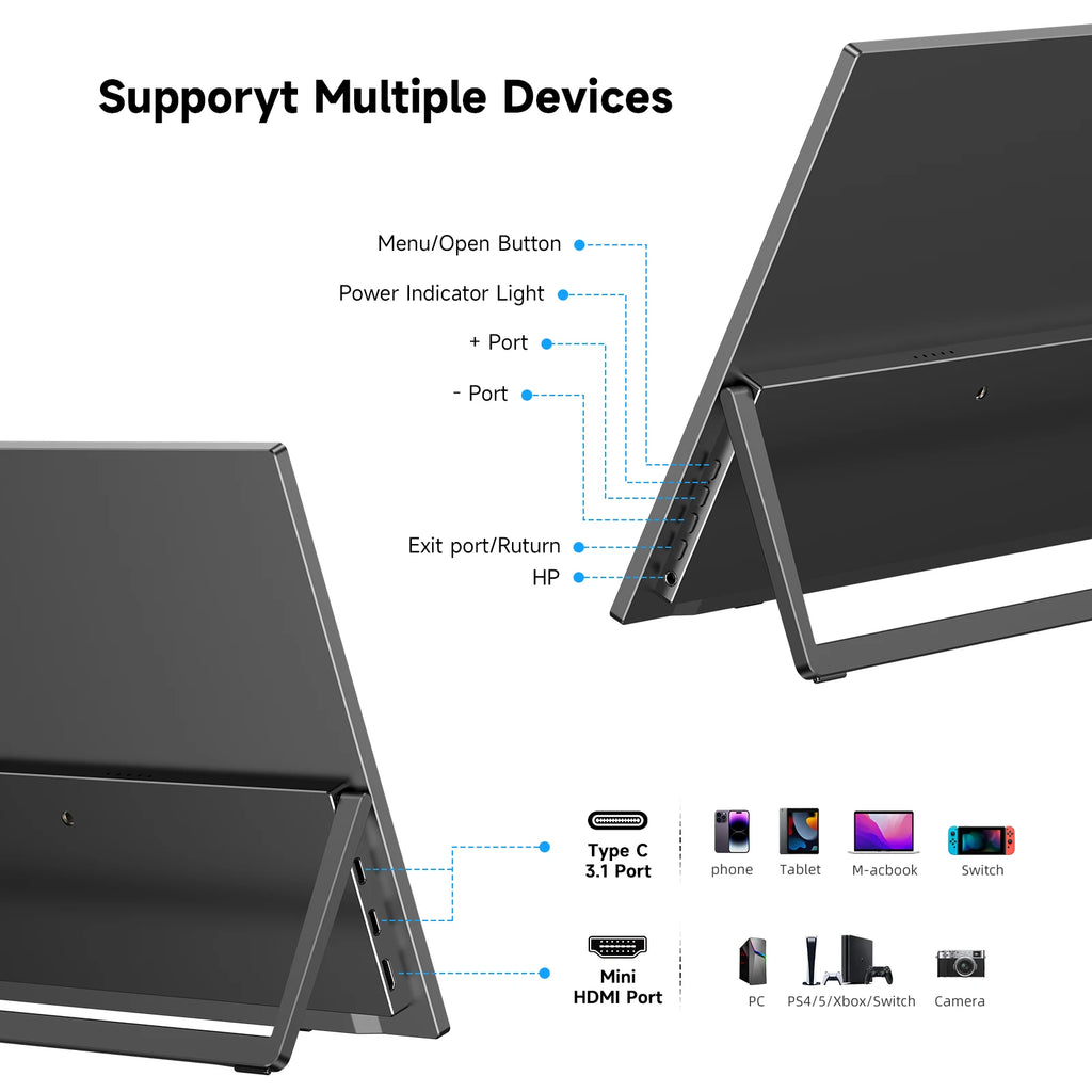 UPERFECT Wireless Portable Monitor Battery-Powered 8000mAh Support AirPlay Miracast 15.6" 1080P IPS USB-C HDMI External Display