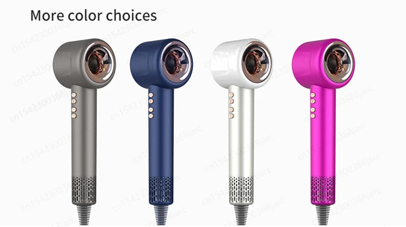 Professional leafless hair dryers in grey, blue, white, and pink with constant temperature negative ion technology.