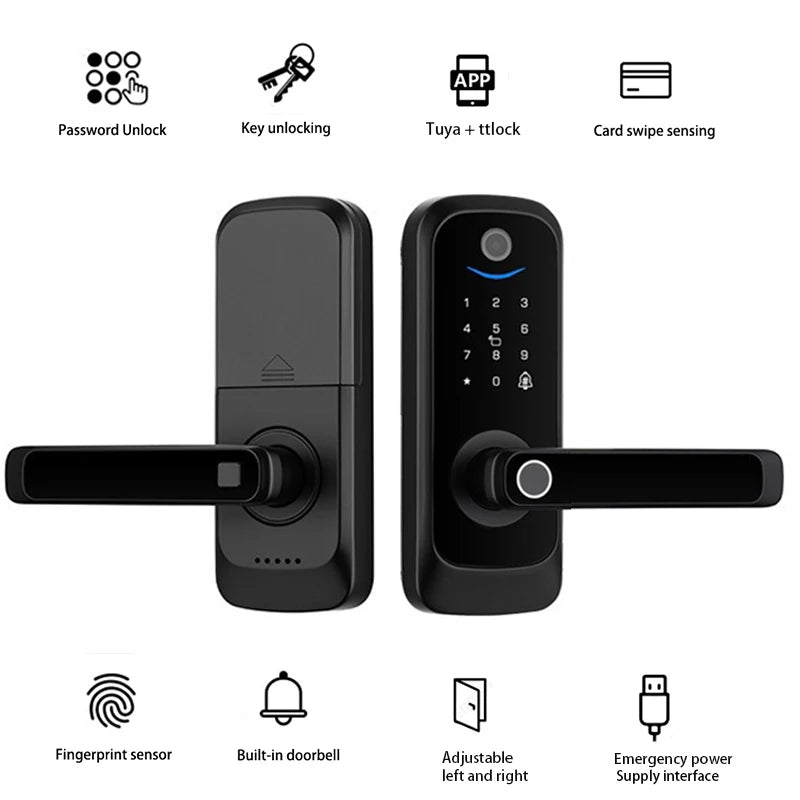 Keypad Door Lock With Handle Fingerprint Door Lock Smart Doorbell Cat eye Peephole Camera Tuya Wifi App Door Locks For Bedrooms