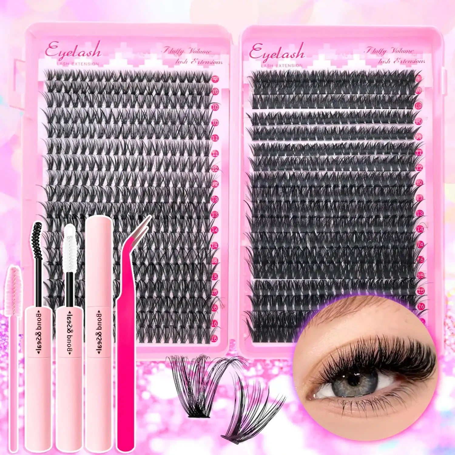 720/200pcs eyelash Extension Kit Fluffy Eyelash Extension kit with Lash Bond and Seal Lash Tweezers Thick Lash Clusters Wispy False Eyelashes 720PCS 40D 80D KIT Tidesmit