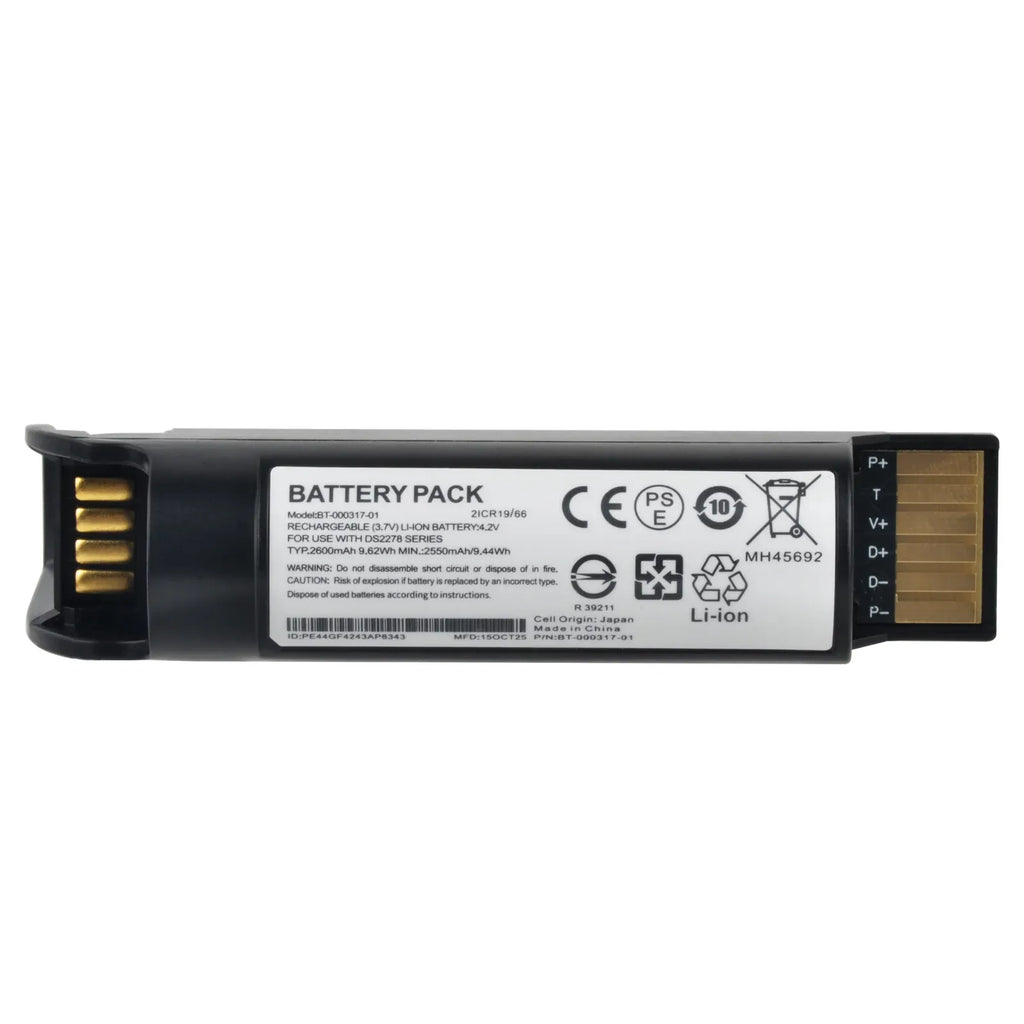 Black battery pack with front label and gold contact pads showing + and -