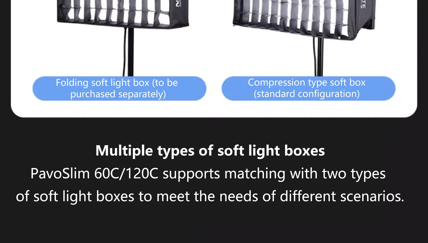 Folding and compression soft light boxes for PavoSlim 60C/120C LED panels, featuring black grid diffusers on stands.
