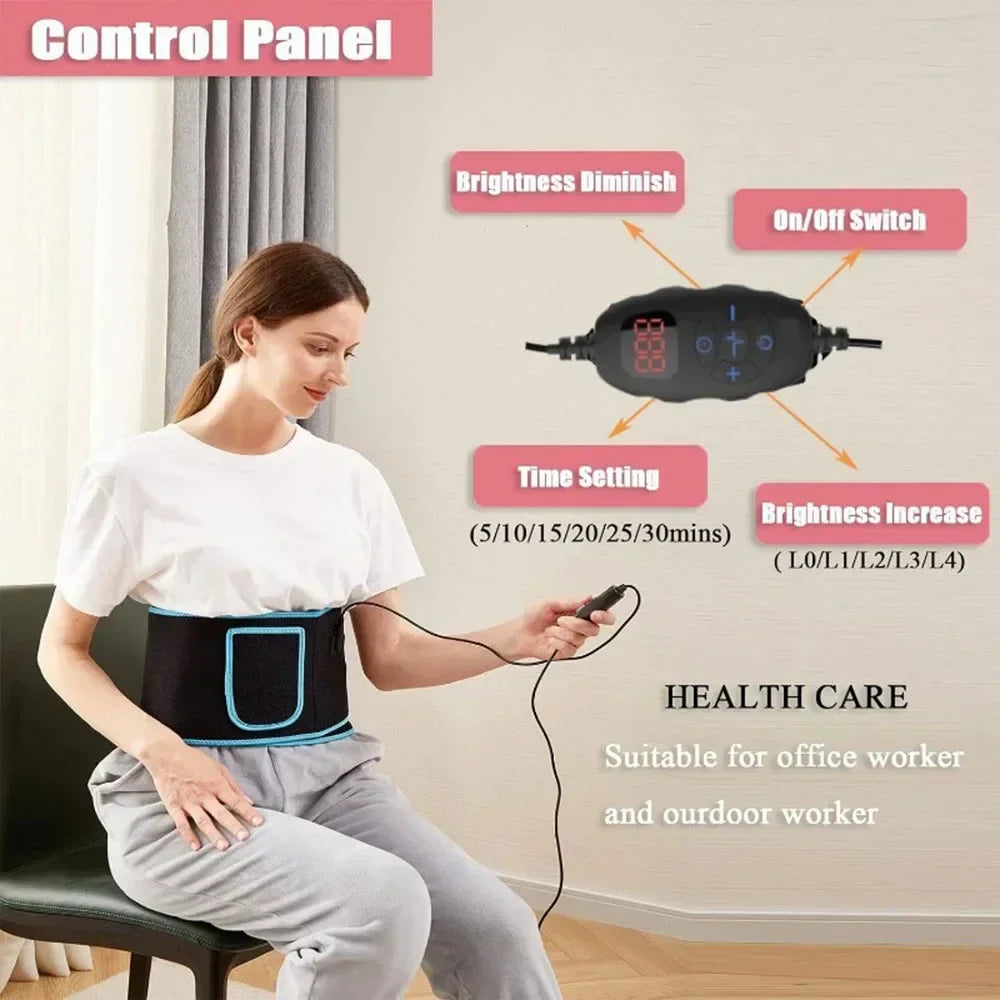 Woman using red and infrared LED light therapy belt for back pain relief, featuring a digital controller for settings.