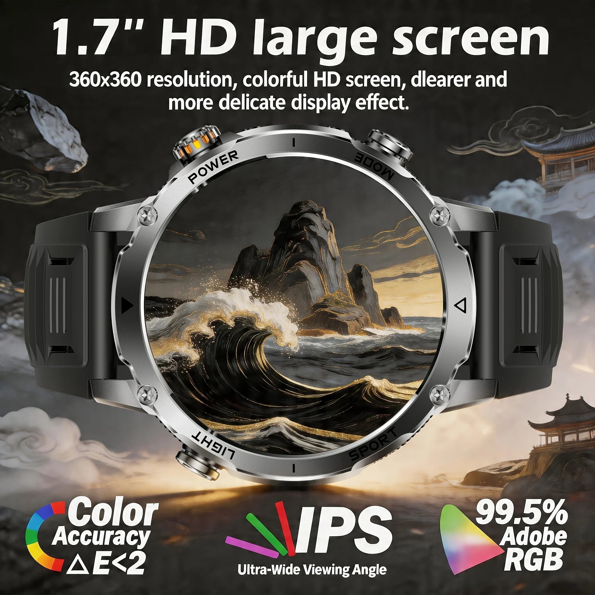 New Military ULtra 1400mAh Huge Battery SmartWatch Two Flashlight 10ATMan Waterproof HD Call 1.73“ 100+Sports Smart watch Man