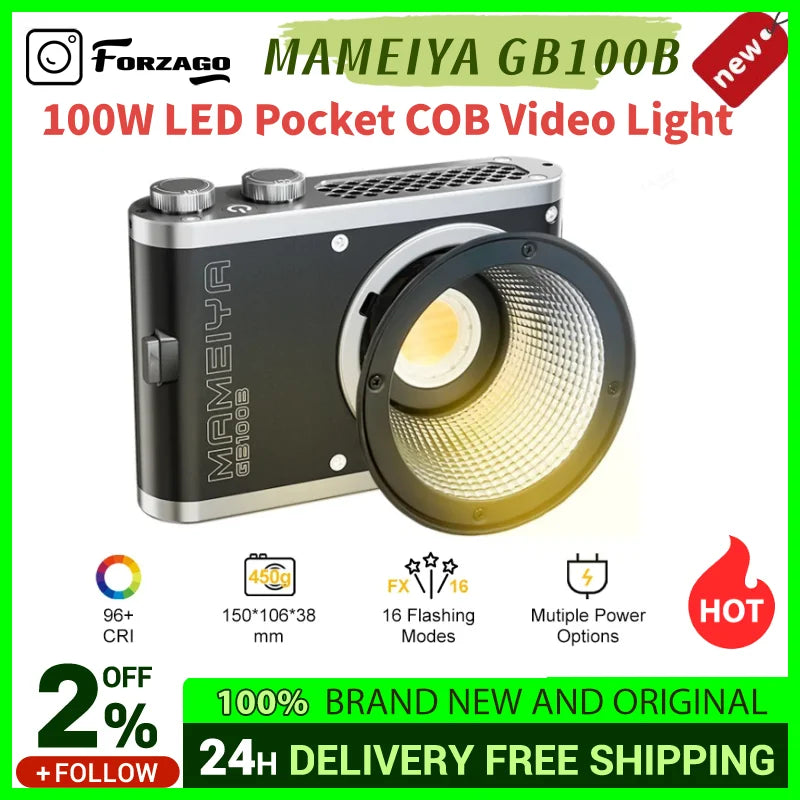 Black 100W pocket COB video light with a silver metal frame, circular reflector, and top control dials.