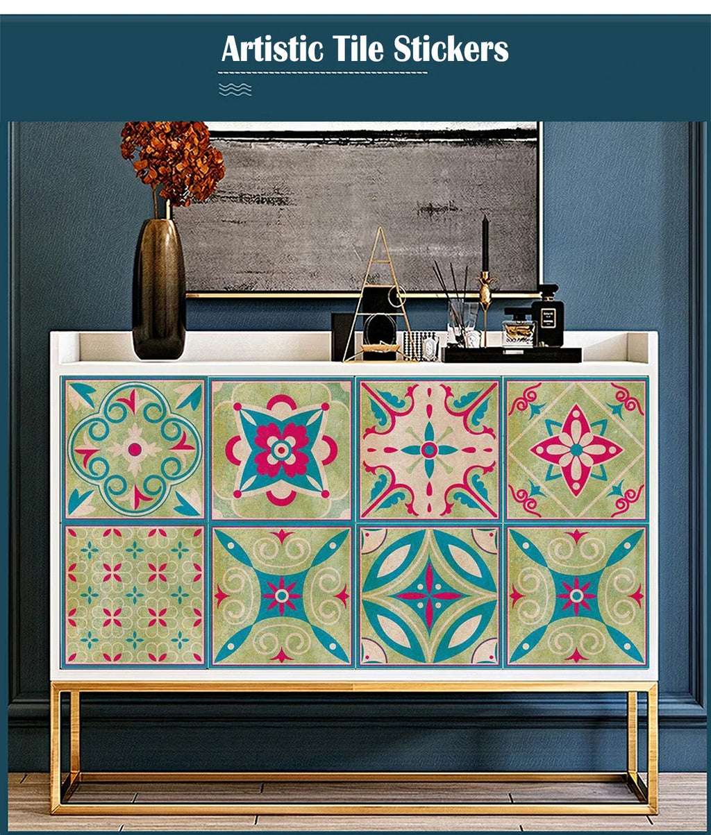 Neutral Boho Floral Tile Stickers Self Adhesive Glossy PVC Waterproof Decals Kitchen Bath Cabinet Backsplash Wall Home Deco