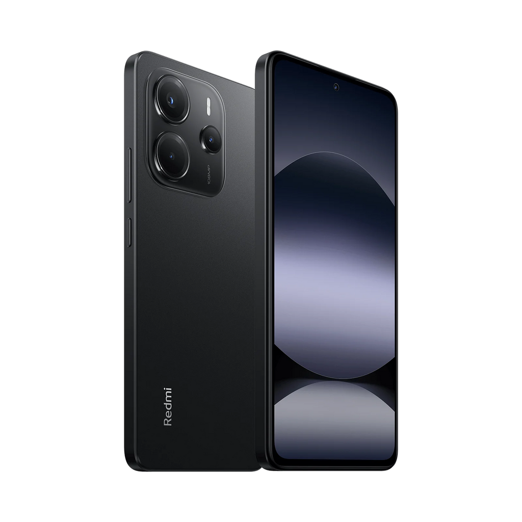 Redmi smartphone in matte black with a large triple-camera module and a slim, rectangular touchscreen display.