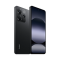 Redmi smartphone in matte black with a large triple-camera module and a slim, rectangular touchscreen display.