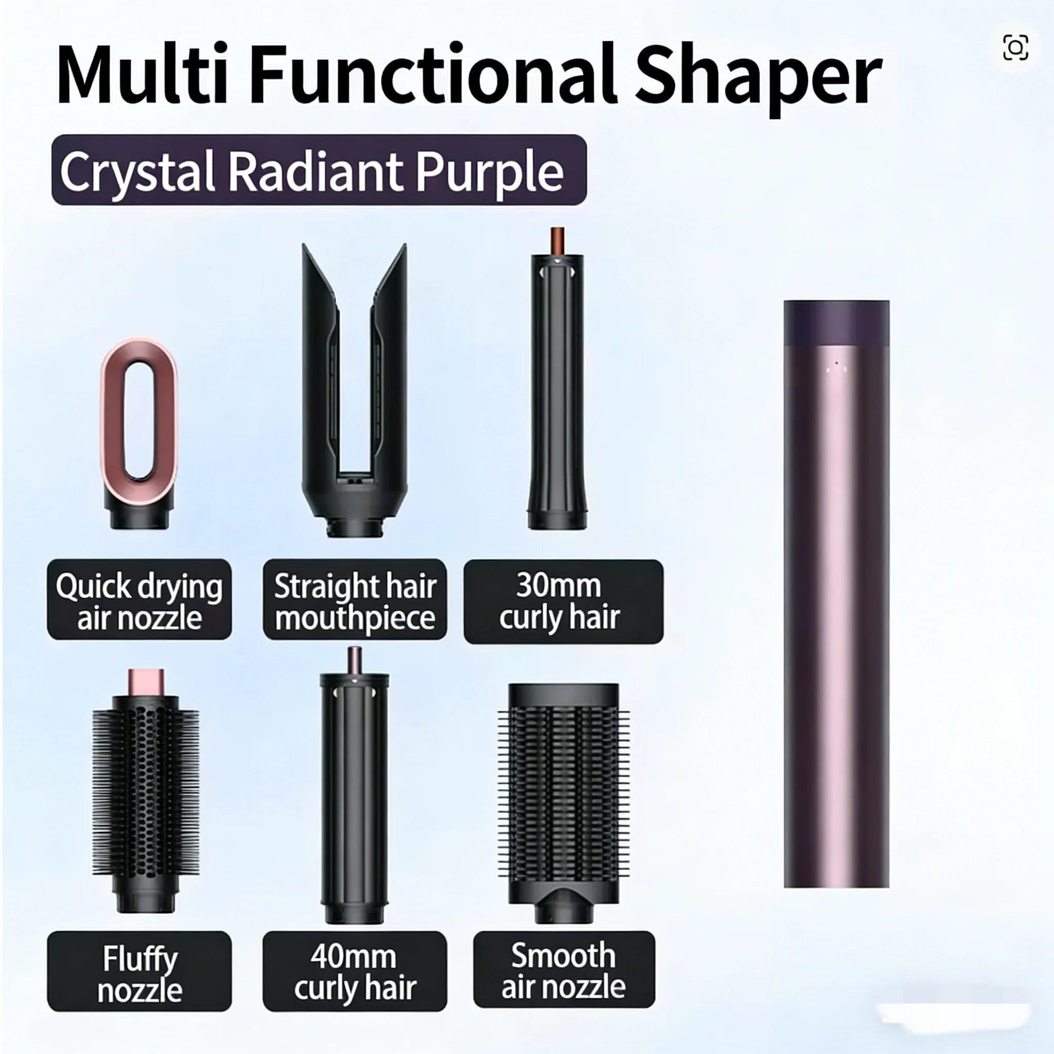 Crystal Radiant Purple 6-in-1 hair dryer and curling iron styler with six versatile styling attachments.