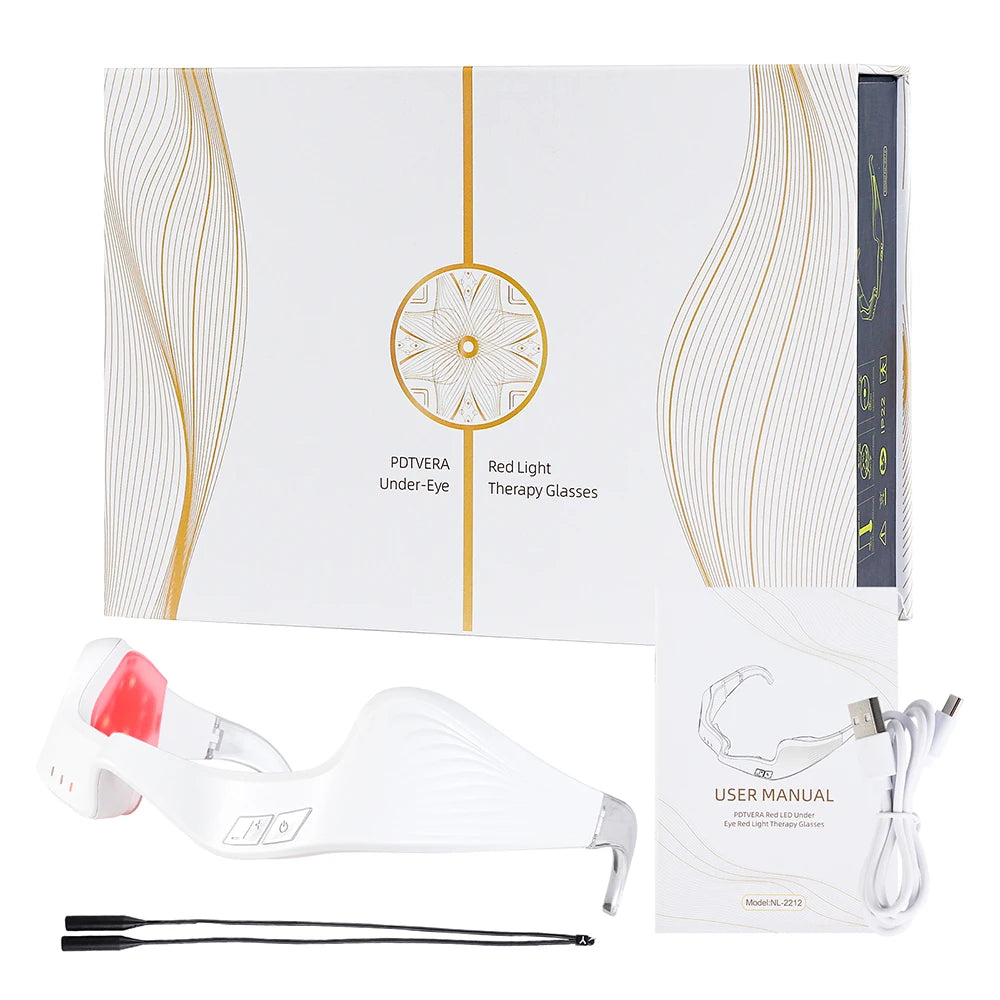 White red light therapy eye massager glasses with charging cable and manual for anti-wrinkle and eye fatigue relief.
