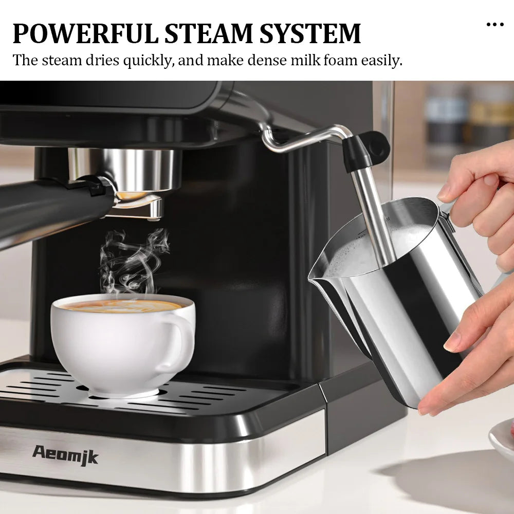 Aeomjk black and stainless steel espresso machine with steam wand frothing milk in a steel pitcher for a latte.