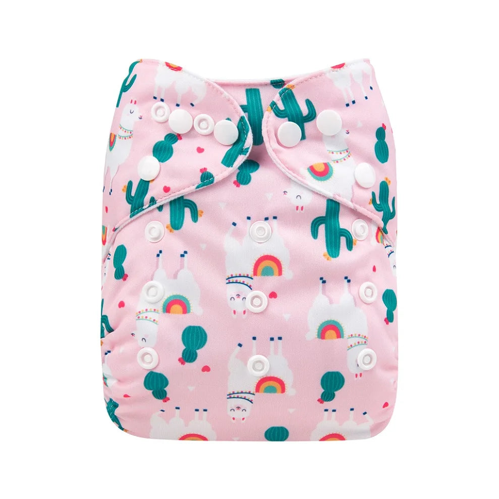 Reusable baby cloth diaper in pink with cute llama and cactus print, adjustable snap buttons.