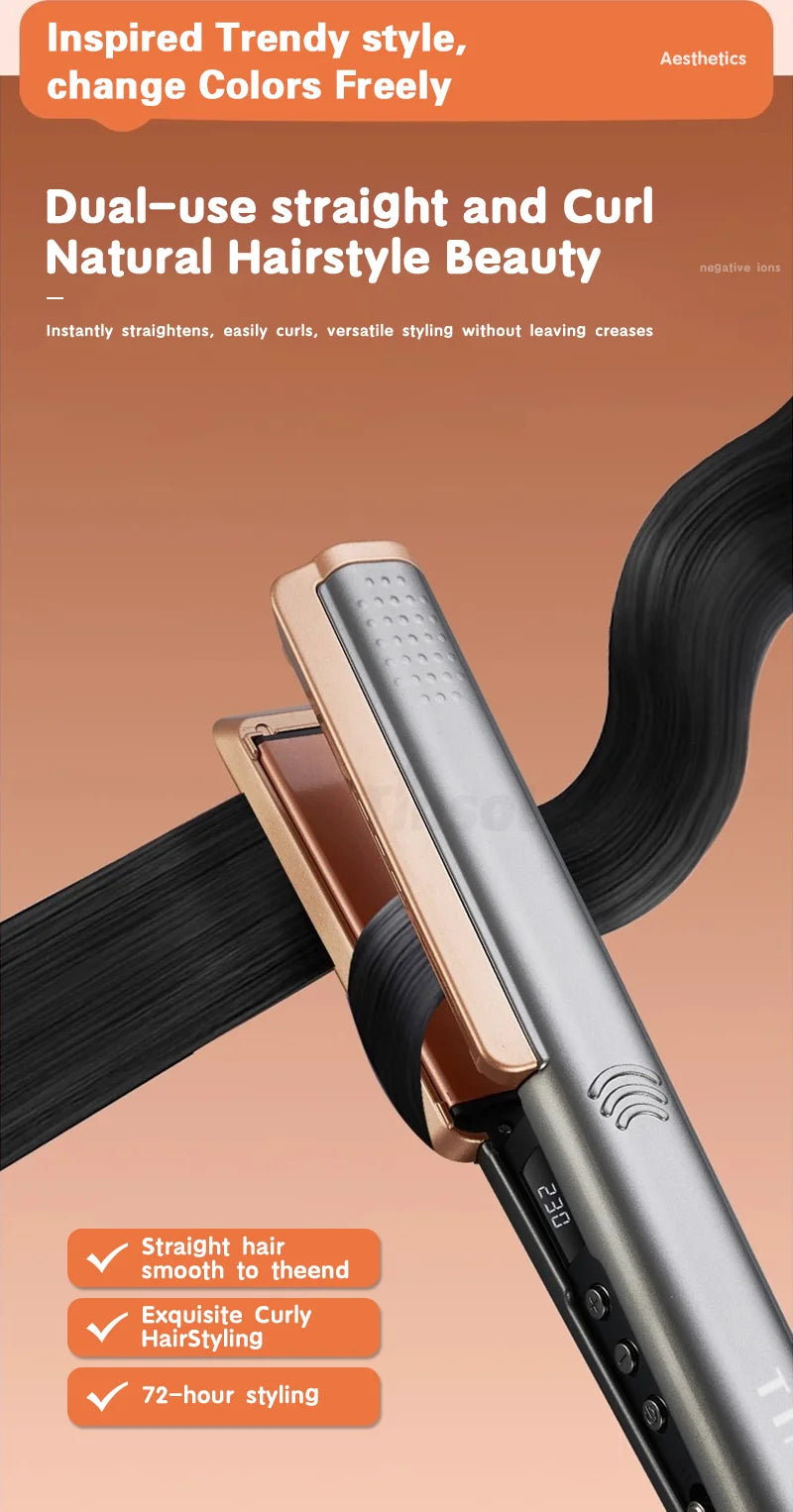 TINSOL 2-in-1 rose gold hair straightener and curling iron with negative ion LCD screen for professional styling.