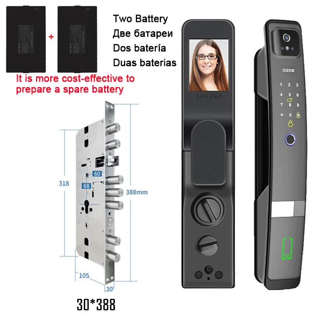 WiFi Tuya APP English/Russian/Spanish/Portuguese Voice Digital 3D Face Recognition Fingerprint Smart Door Lock