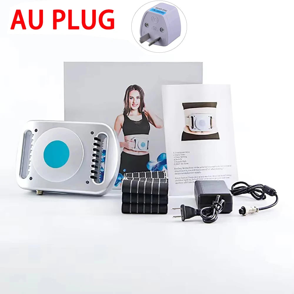 Cryolipolysis fat freezing machine with cooling unit, power adapter, AU plug, elastic straps, and instruction manual.