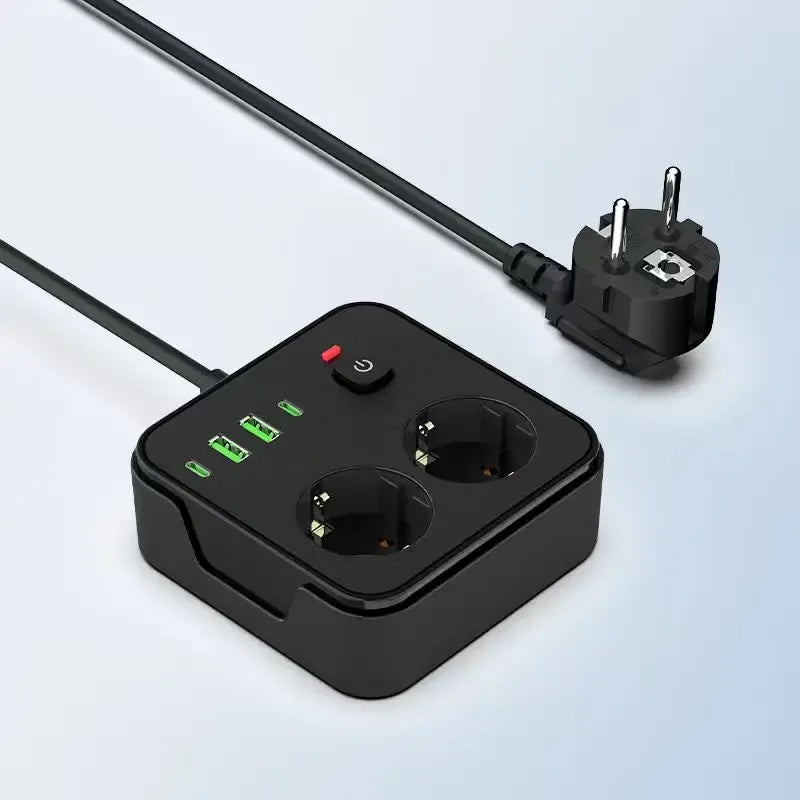 Black power strip with 2 AC outlets, USB ports, and an EU plug cable