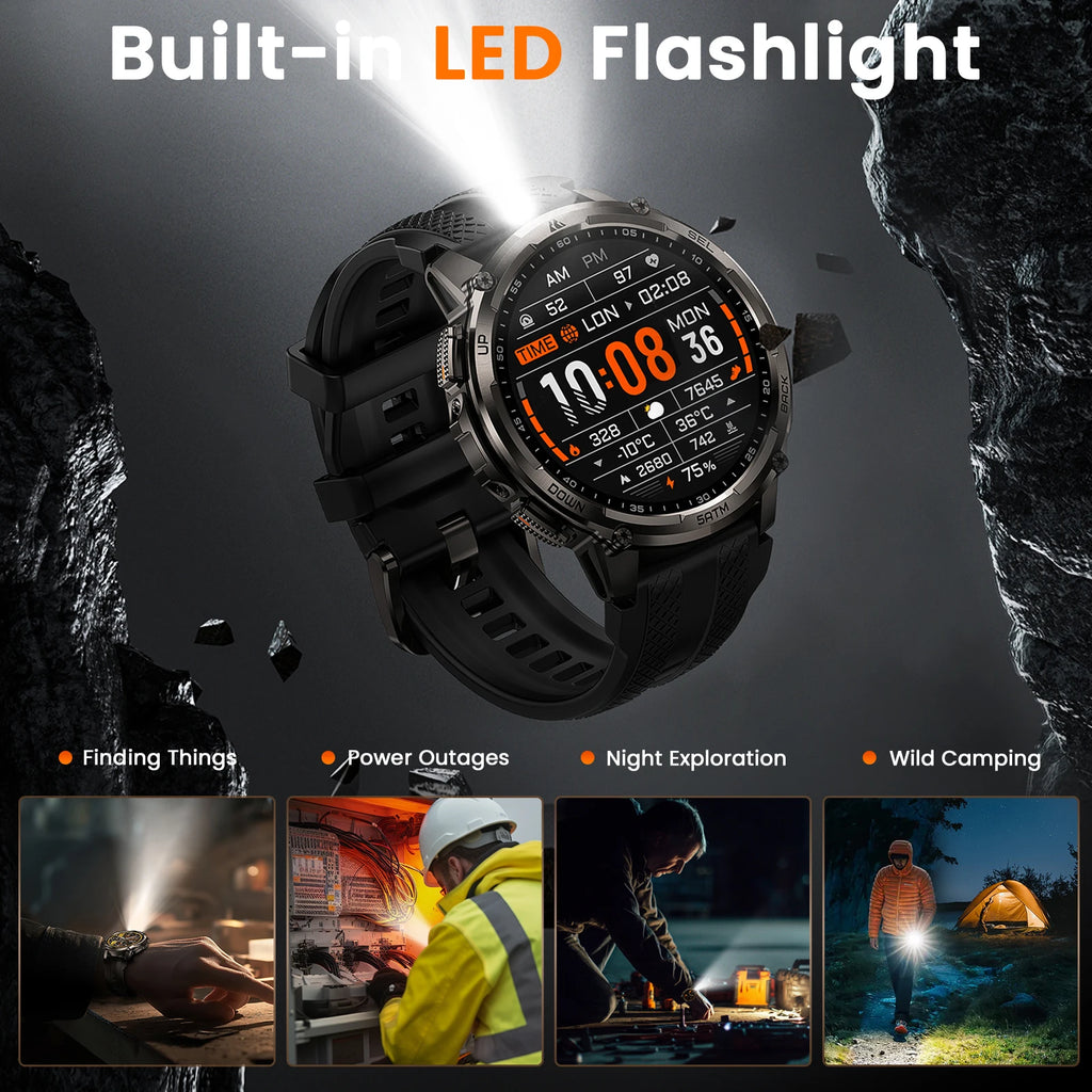 KOSPET TANK T4C Men's Military Smartwatch Rugged GPS Watch with Flashlight 5ATM Waterproof & All-Day Health Tracking