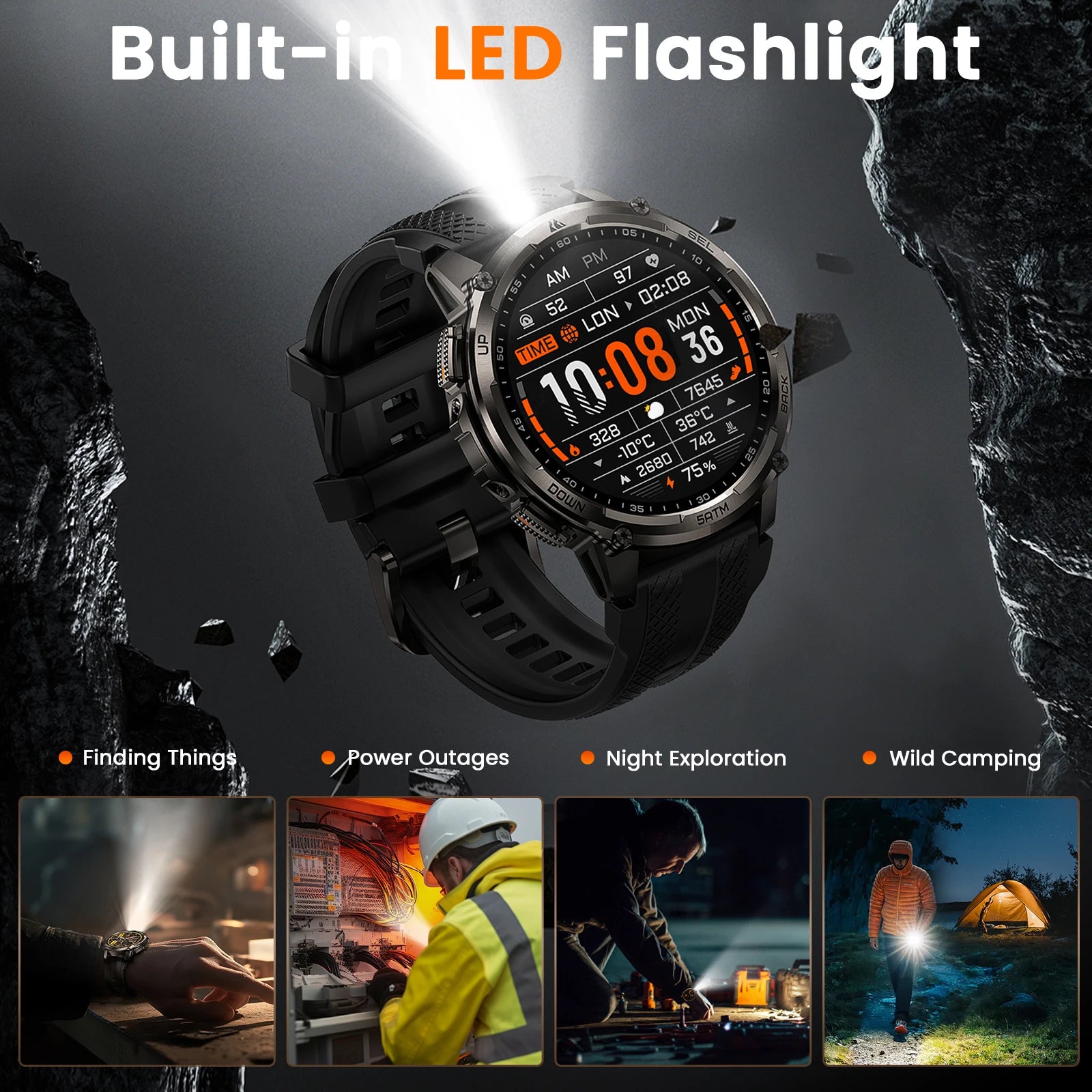 KOSPET TANK T4C Men's Military Smartwatch Rugged GPS Watch with Flashlight 5ATM Waterproof & All-Day Health Tracking