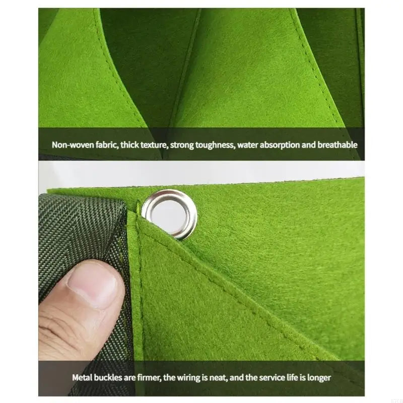 Close-up of green nonwoven wall grow bag panel with metal grommet ring