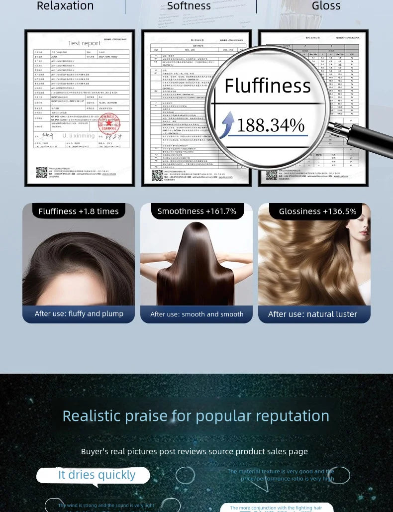 7-in-1 high-speed negative ion hair dryer results: increased hair fluffiness, smoothness, and glossiness test report.