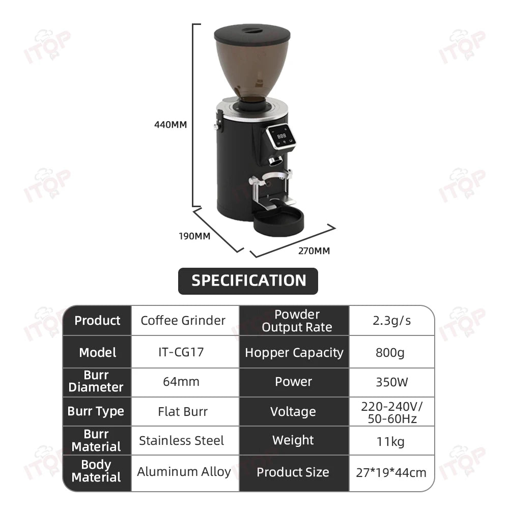 ITOP IT-CG17 black aluminum alloy coffee grinder with 64mm flat burrs and 800g hopper capacity.