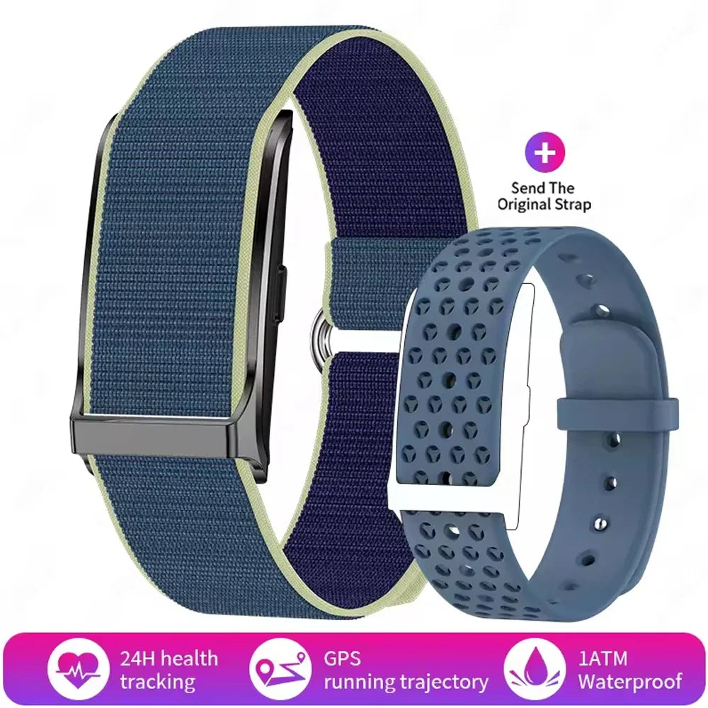 Digital smartwatch with blue fabric strap and blue perforated silicone band
