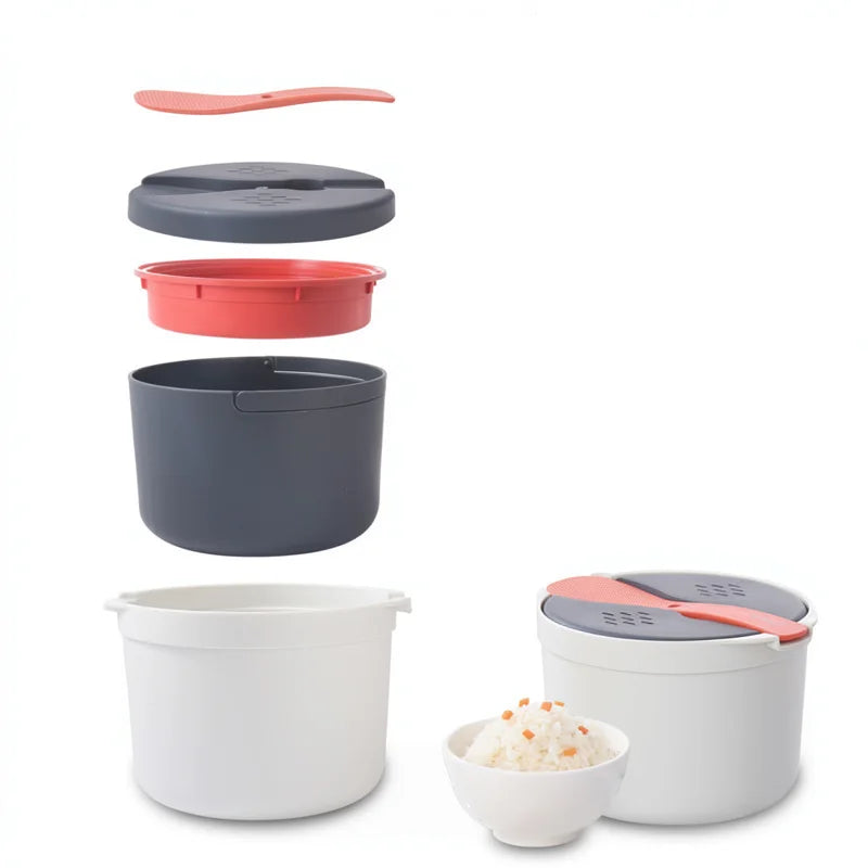 Microwave rice steamer pot set in dark, red, and white with orange-gray lid.