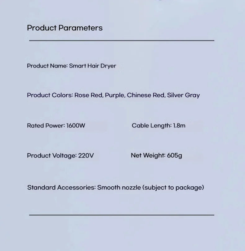 1600W smart hair dryer with smooth nozzle, available in rose red, purple, Chinese red, and silver gray colors.