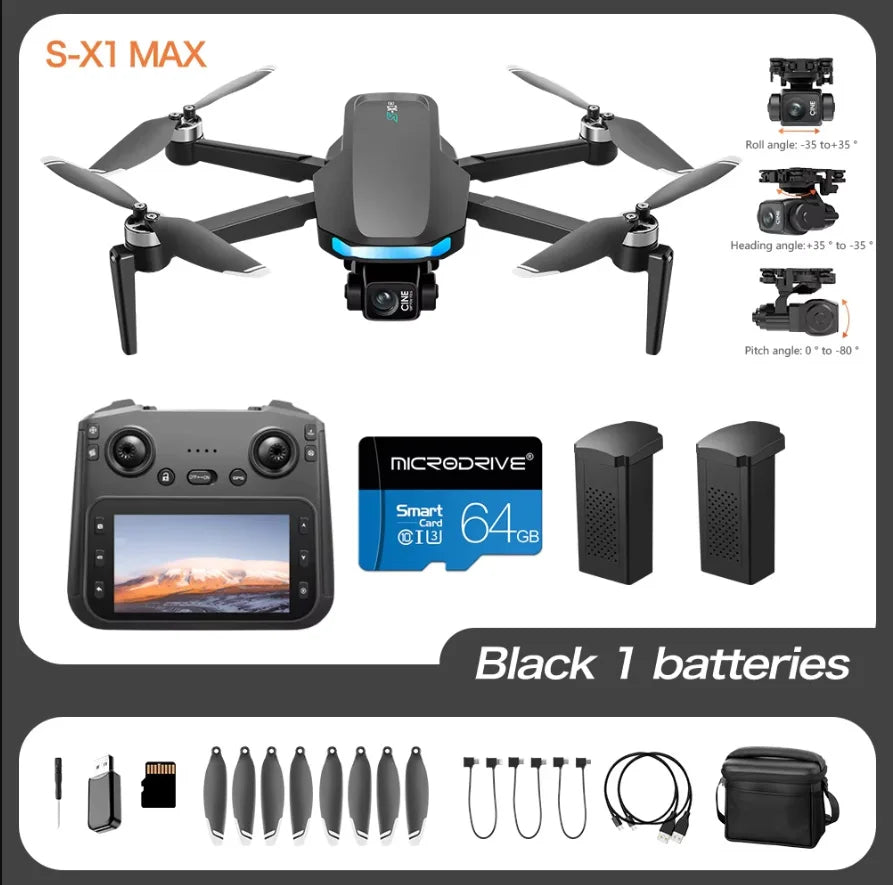 4K Camera Drone With 3-Axis Gimbal GPS - Foldable Aerial Quadcopter S-X2-BLACK-2B Tidesmit