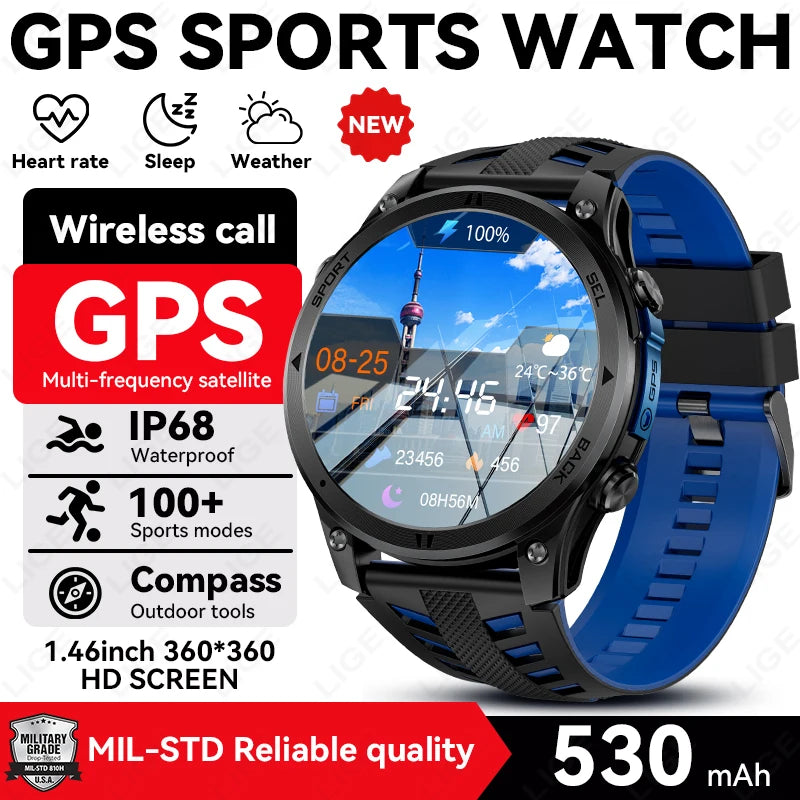 Blue GPS sports smartwatch with silicone strap, round case, and 1.46 in HD screen.