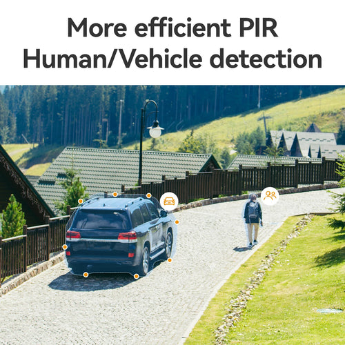 Outdoor wireless security camera showing human and vehicle detection on driveway