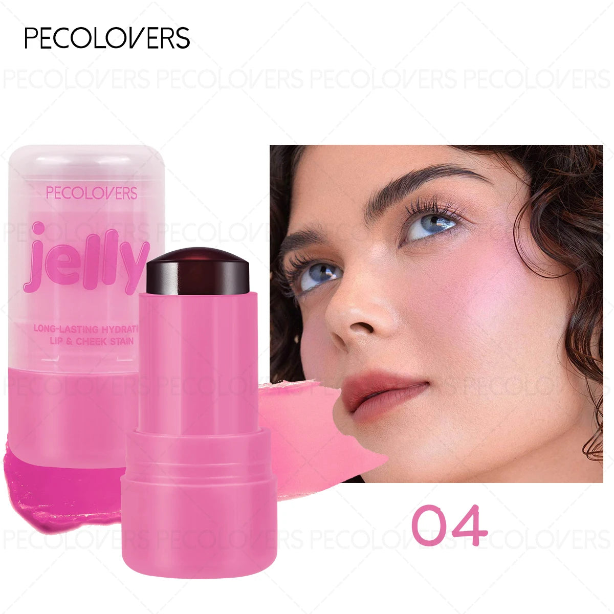Tidesmit PECOLOVERS 3-in-1 waterproof blush stick texture close-up for radiant face makeup on cheeks and eyes