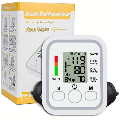 White arm-style digital blood pressure monitor with clear LCD screen for health tracking and heart rate monitoring.