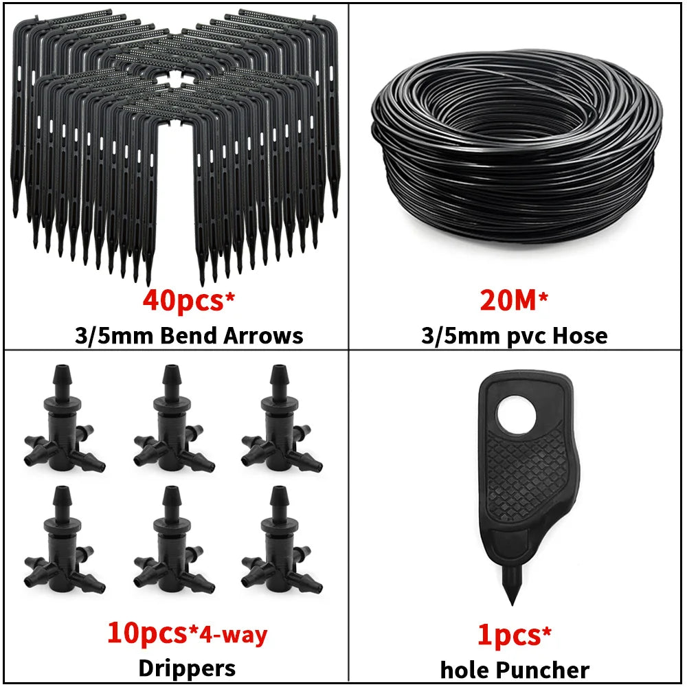 4-way drip irrigation kit with 3/5mm bend arrow stakes, coiled hose, and hole puncher