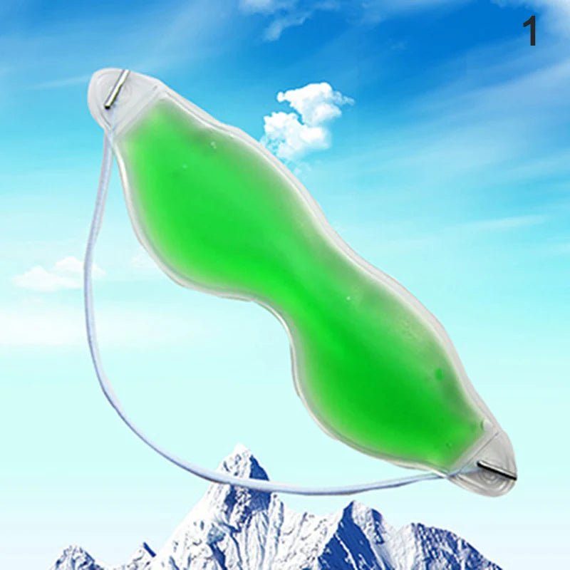 Green gel ice eye mask for cold compress therapy, featuring an elastic strap for sleeping and eye strain relief.