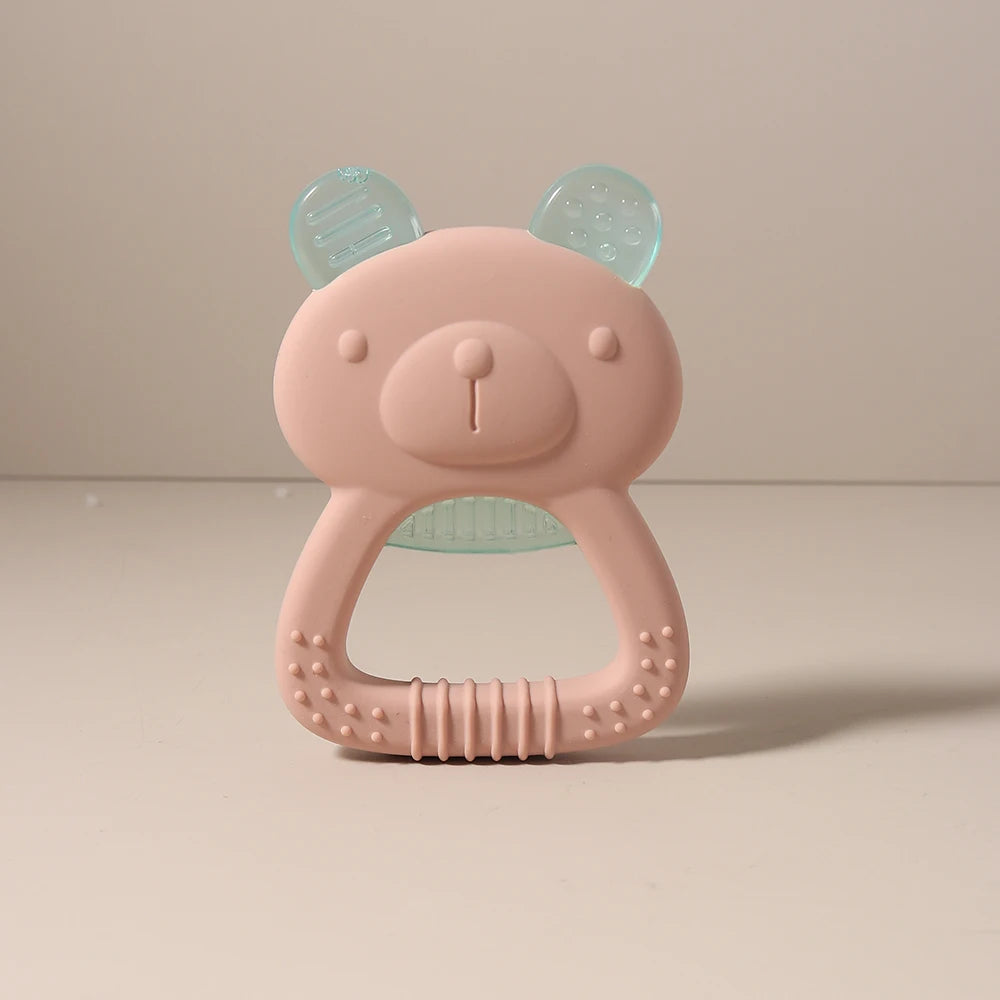 Pink and blue bear silicone teething toy for baby teething relief.