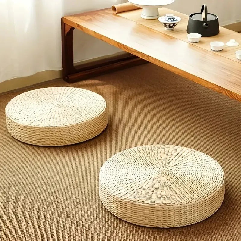 Round Woven Rush Cushion Meditation Zafu Yoga Mat for Floor Tatami Kneeling Tea Ceremony Zen Window Seat