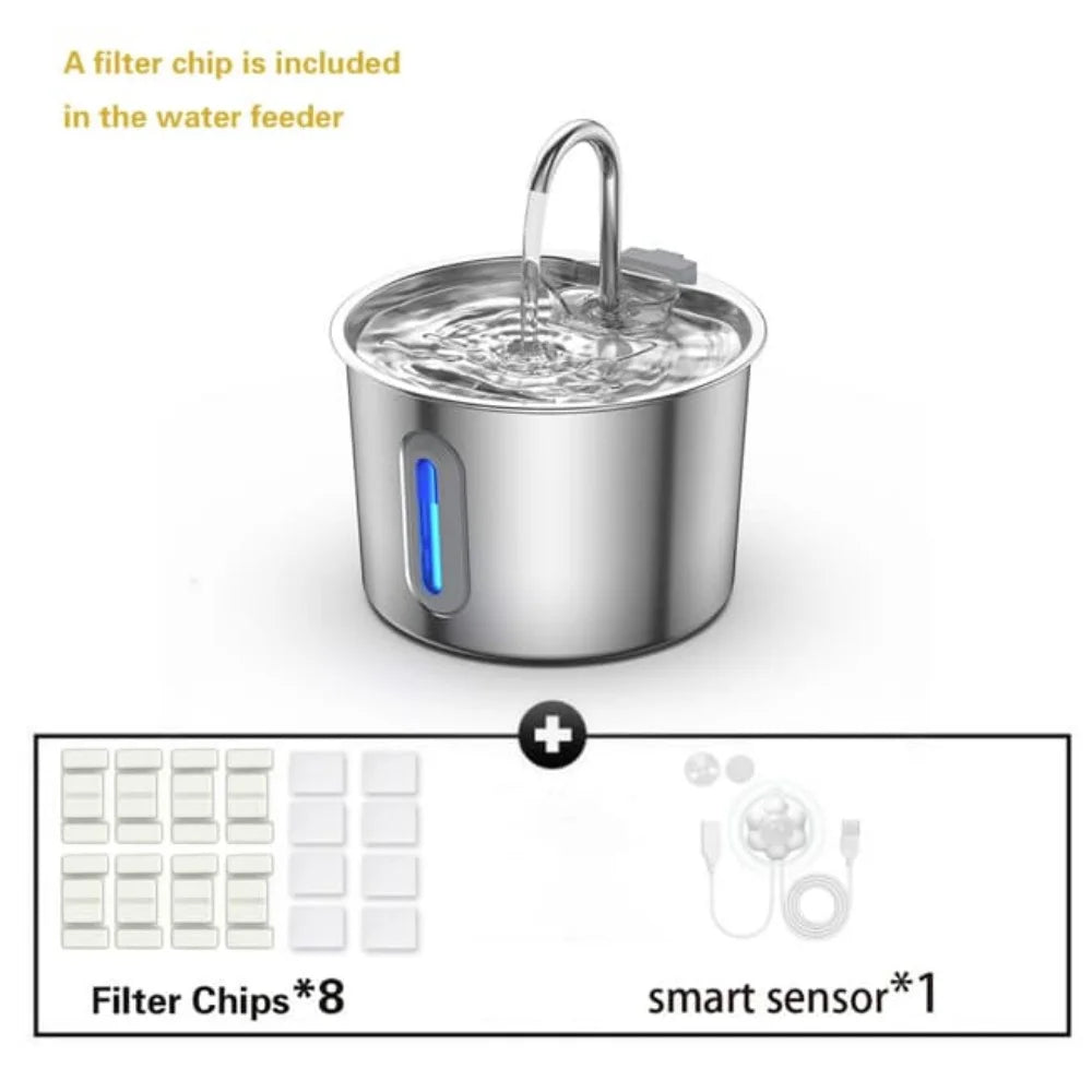 2.2L stainless steel smart pet water fountain for cats and dogs with water level window and 8 filter chips included.