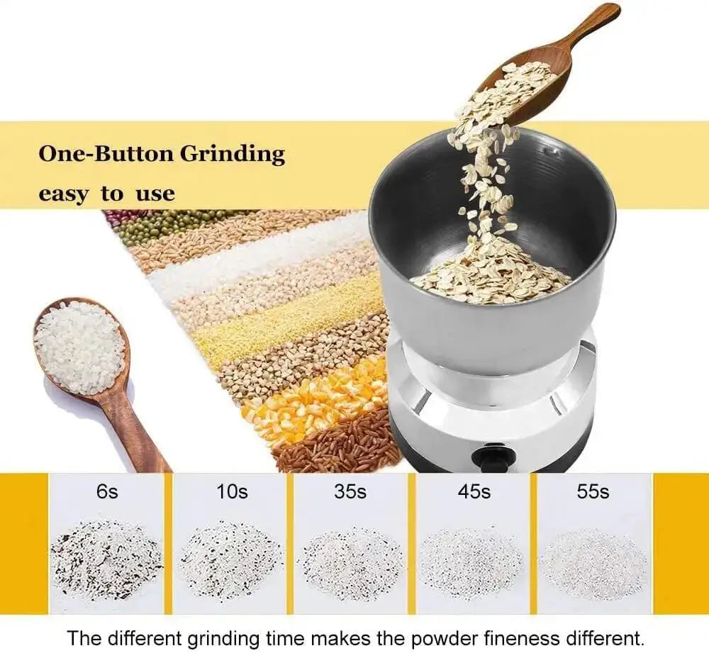 Silver stainless steel electric grain and coffee bean grinder with one-button operation and adjustable fineness.