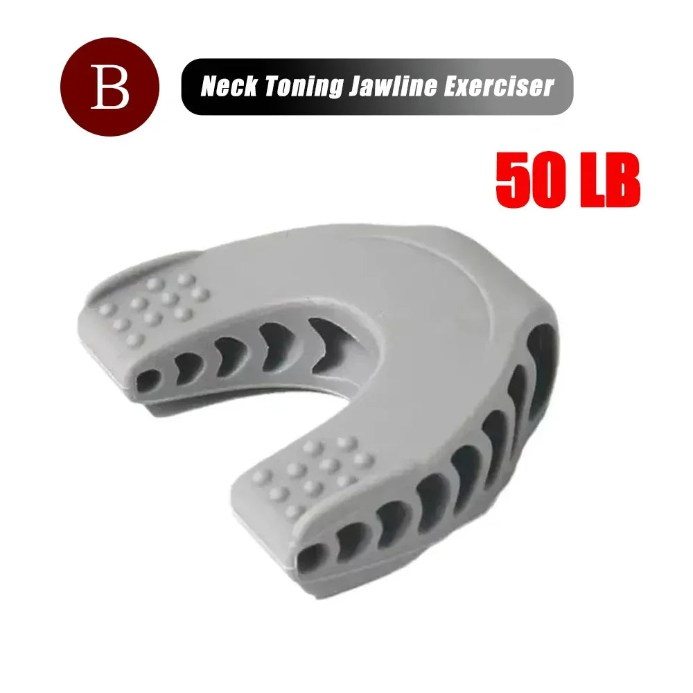 Grey, horseshoe-shaped silicone jawline exerciser with textured bite surfaces and side ventilation holes.